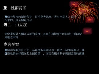 生產性消費者 這個世界裡的新世代生產性消費者認為，害可全是人人與陞技來的。這是個好消息 新亞歷山大族 能快速提昇人類各方面的高度，並且在事情發生的同時，幫助股東創造財富 參與平台 了解如何開放自己的產品和技術基礎平台，創造一個開放舞台，讓大型社群伙伴能在其上創造價值，而且在很多利子裡創造新的商機 
