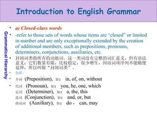 a) Closed-class words -refer to those sets of words whose items are “closed” or limited in number and are only exceptionally extended by the creation of additional members, such as prepositions, pronouns, determiners, conjunctions, auxiliaries, etc. 封闭词类指所有的功能词。这一类词没有完整的词汇意义，但有语法意义；它们数量有限，比较稳定，很少增生，因而词项序列不能随便延伸，所以叫做“封闭词类”。 包括 : 介词  (Preposition),  如 ： in, of, on, without  代词   (Pronoun),  如 ： you, he, one, which 定词   (Determiner),  如 ： a, the, this 连词  (Conjunction),  如 ： and, or, but 助动词   (Auxiliary),  如 ： do ， can, may 