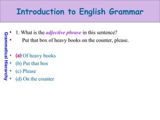 1. What is the  adjective phrase  in this sentence? Put that box of heavy books on the counter, please. (a) Of heavy books (b) Put that box (c) Please (d) On the counter (a) 