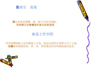 全球生產基地 看看集體諧做人和在職場上生根，創造出新的企業實力至上主義，依陸掃除階層筒倉，將內部蹪對與豐富的外界網路連結起來。 設計和建造實體產頻，催生全球共榮圈 、同時標示出集體協作進化的新里程 維基工作空間 