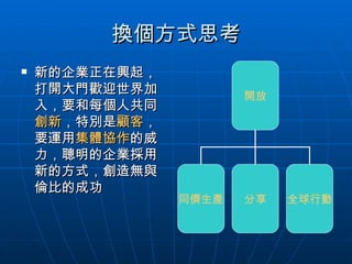 換個方式思考 新的企業正在興起，打開大門歡迎世界加入，要和每個人共同 創新 ，特別是 顧客 ，要運用 集體協作 的威力，聰明的企業採用新的方式，創造無與倫比的成功 開放 同儕生產 分享 全球行動 