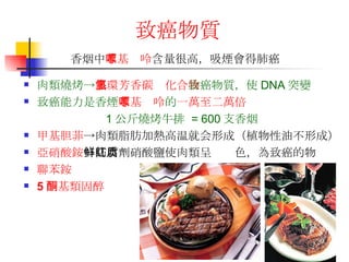 致癌物質 肉類燒烤-> 多環芳香碳氫化合物 致癌物質，使 DNA 突變 致癌能力是香煙 苯基嘌呤 的 一萬至二萬倍 1 公斤燒烤牛排  = 600 支香烟 甲基胆菲 ->肉類脂肪加熱高温就会形成（植物性油不形成） 亞硝酸銨 ->防腐劑硝酸鹽使肉類呈鲜红色，為致癌的物质 聯苯銨 5 酮基類固醇 香烟中 苯基嘌呤 含量很高，吸煙會得肺癌 