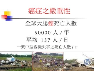 癌症之嚴重性 一架中型客機失事之死亡人數 /  日 平均  137 人 / 日 50000 人 / 年 全球大腸 癌 死亡人數 