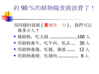 約 90 ％的植物糧食被浪費了！  用同樣的資源 ( 土地生產力 ) ，我們可以養多少人？  種穀物，吃五穀 .....................100 人  用穀物養牛，吃牛肉、乳品 ...  30 人  用穀物養雞，吃雞、雞蛋 ......  12 人  用穀物養豬，吃豬肉 ...............  8 人  