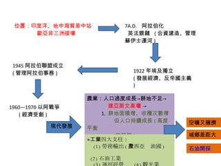 位置：印度洋、地中海貿易中站 歐亞非三洲接壤 7A.D.  阿拉伯化 英法覬覦  ( 合資建造、管理蘇伊士運河 ) 1922 年埃及獨立 ( 發展經濟、反帝國主義 ) 1945 阿拉伯聯盟成立 ( 管理阿拉伯事務 ) 1960—1970 以阿戰爭 ( 經濟受創 ) 現代發展 農業：人口過度成長->耕地不足-> 建亞斯文高壩  ->  1.  耕地面積增、收穫次數增 但人口持續成長 ( 高度平衡 的陷阱 )  工業 四大支柱： 　 (1) 勞務輸出 ( 往西亞產油國 )  (2) 石油工業 　 (3) 運河經營  (4) 觀光業 空曠又擁擠 城鄉差距大 石油開採 