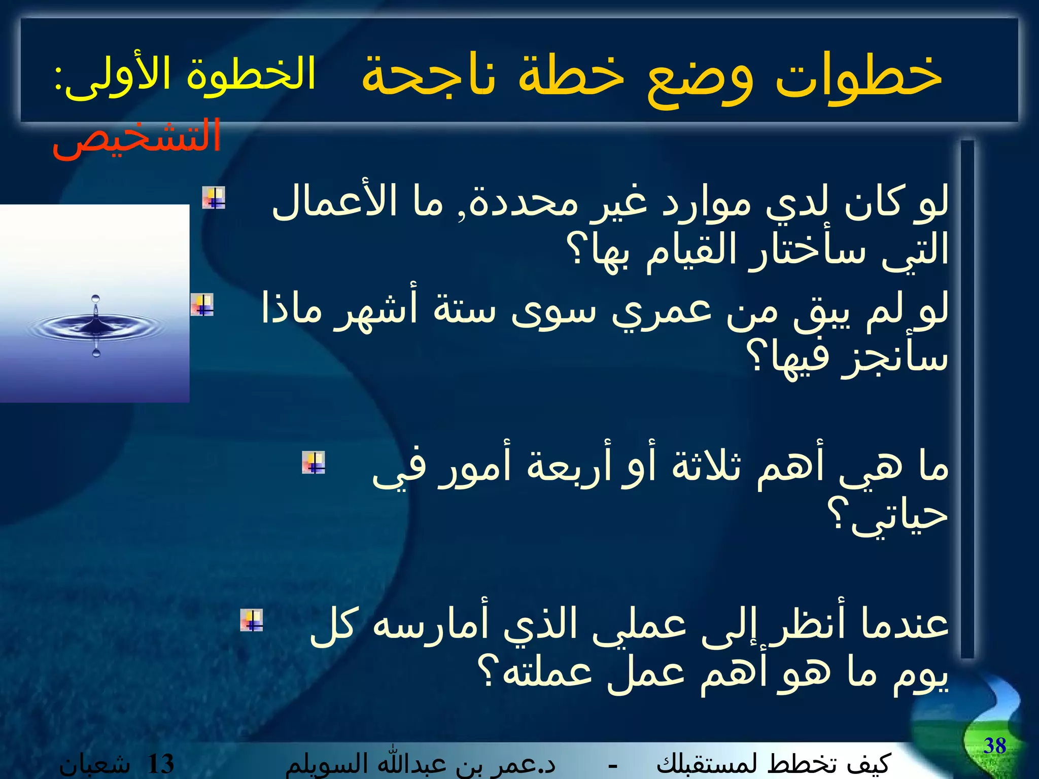 خطوات وضع خطة ناجحة لو كان لدي موارد غير محددة ,  ما الأعمال التي سأختار القيام بها؟ لو لم يبق من عمري سوى ستة أشهر ماذا سأنجز فيها؟ ما هي أهم ثلاثة أو أربعة أمور في حياتي؟ عندما أنظر إلى عملي الذي أمارسه كل يوم ما هو أهم عمل عملته؟ الخطوة الأولى :  التشخيص 