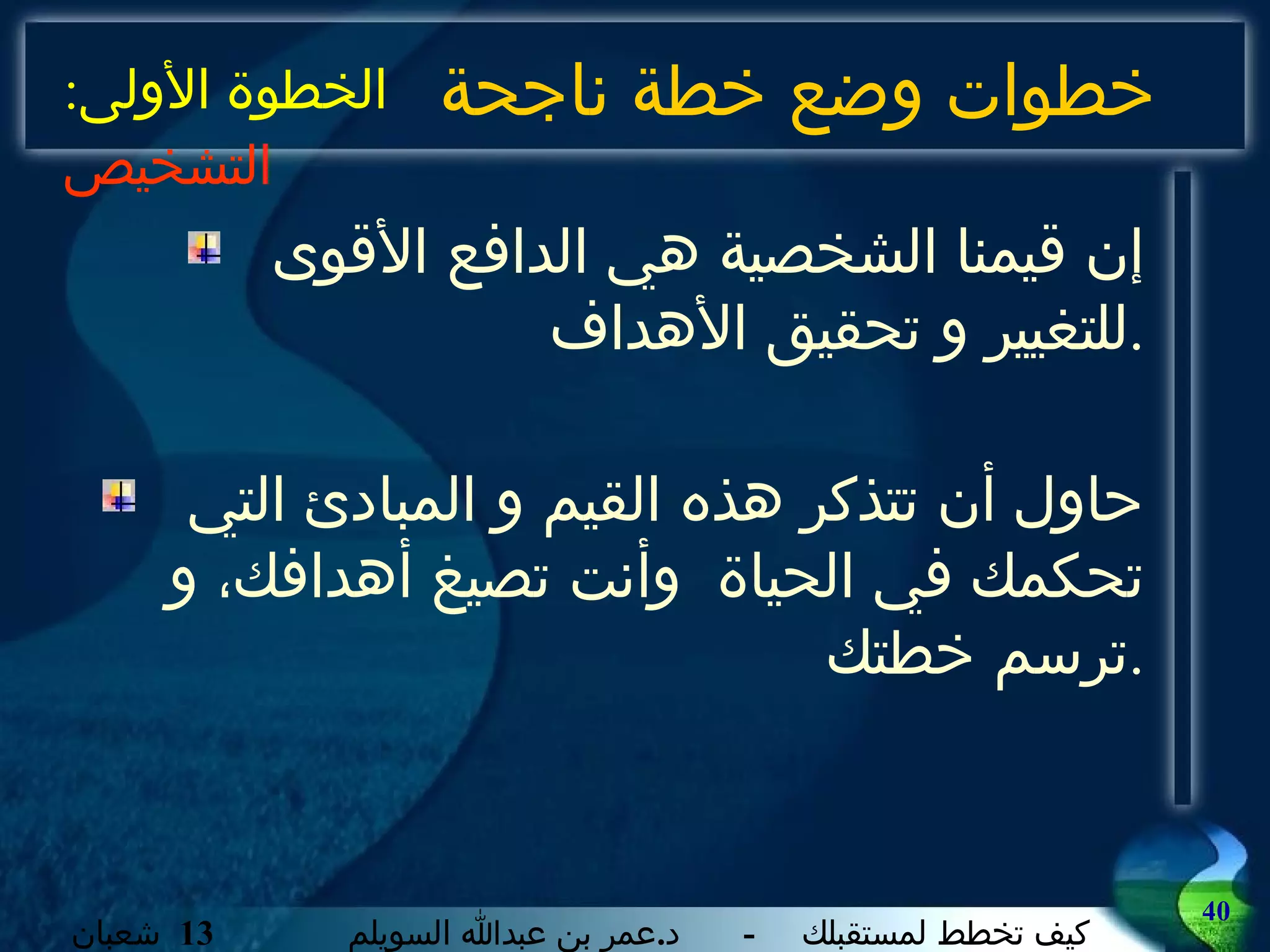 خطوات وضع خطة ناجحة إن قيمنا الشخصية هي الدافع الأقوى للتغيير و تحقيق الأهداف . حاول أن تتذكر هذه القيم و المبادئ التي تحكمك في الحياة   وأنت تصيغ أهدافك، و ترسم خطتك . الخطوة الأولى :  التشخيص 