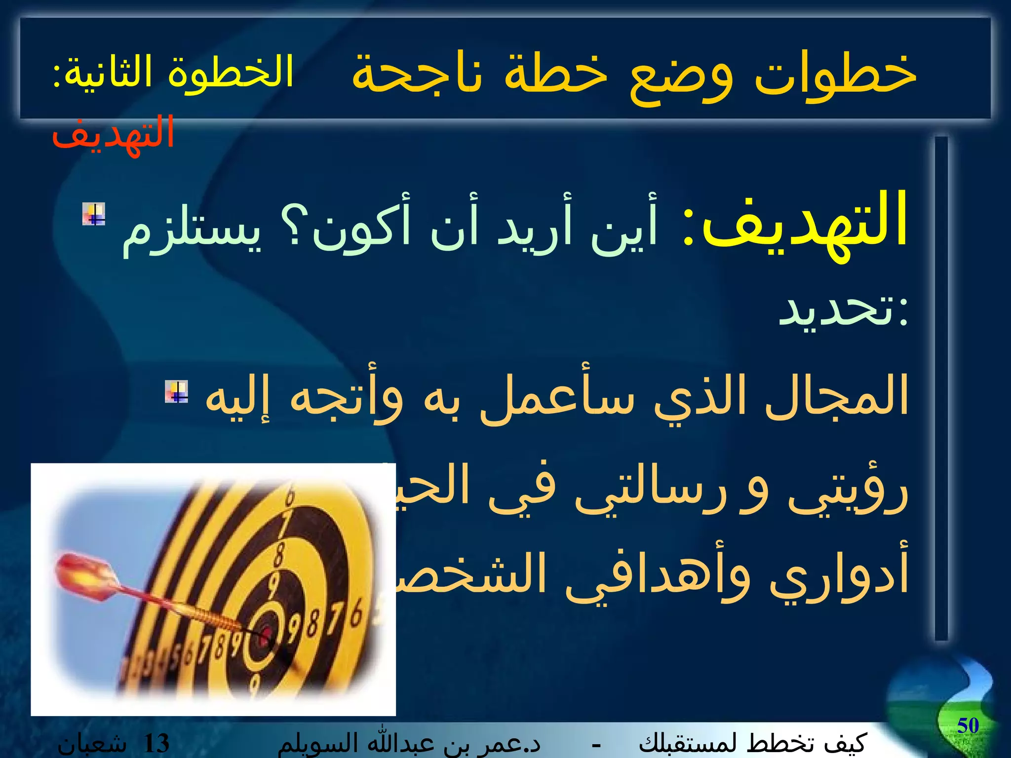 خطوات وضع خطة ناجحة التهديف :  أين أريد أن أكون؟ يستلزم تحديد : المجال الذي سأعمل به وأتجه إليه رؤيتي و رسالتي في الحياة أدواري وأهدافي الشخصية الخطوة الثانية :  التهديف 