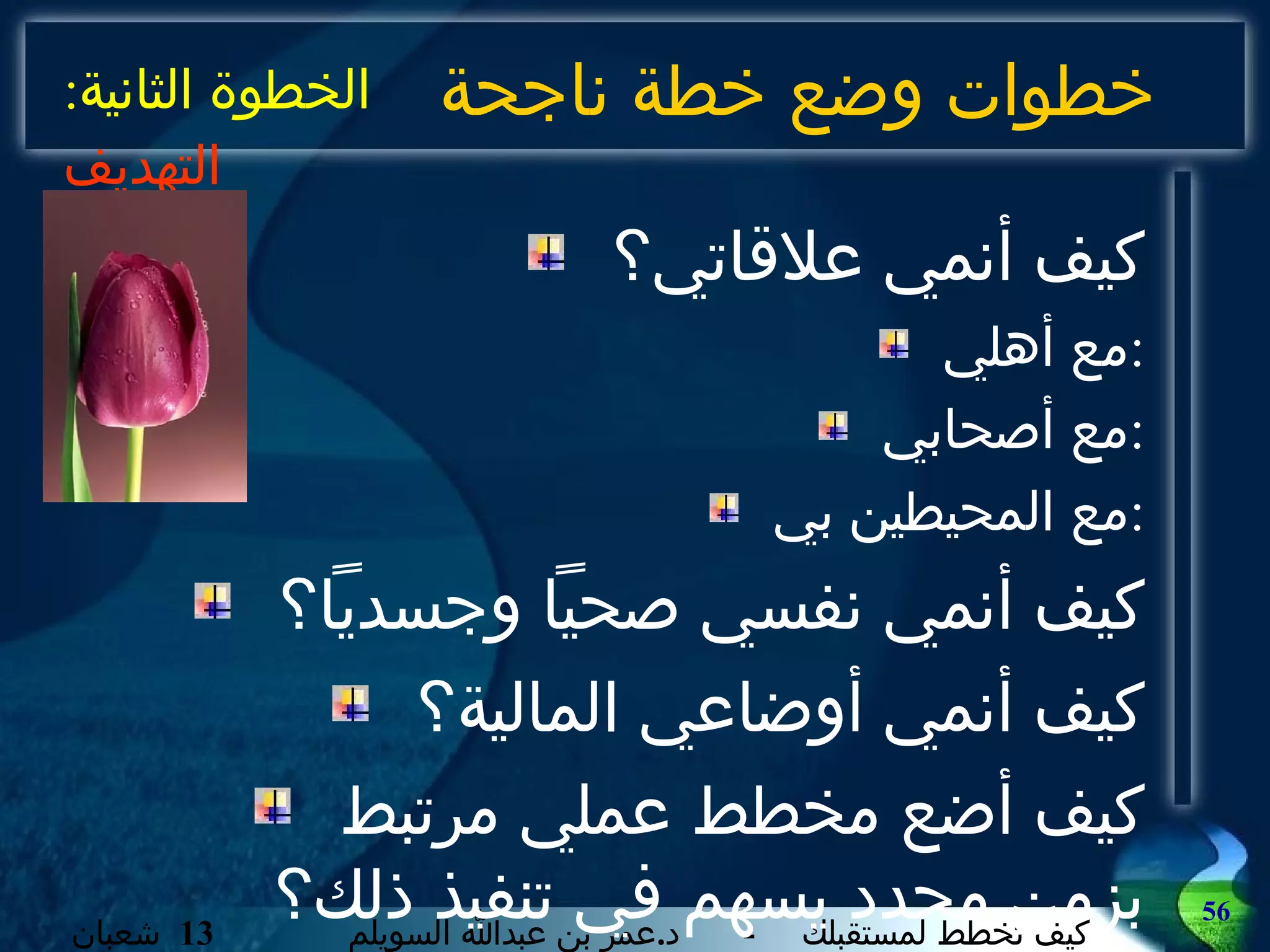 خطوات وضع خطة ناجحة كيف أنمي علاقاتي؟ مع أهلي : مع أصحابي : مع المحيطين بي : كيف أنمي نفسي صحياً وجسدياً؟ كيف أنمي أوضاعي المالية؟ كيف أضع مخطط عملي مرتبط بزمن محدد يسهم في تنفيذ ذلك؟ الخطوة الثانية :  التهديف 