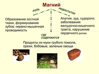 Магний Образование костной ткани, формирование зубов; нервно-мышечная проводимость Апатия, зуд, судороги; заболевания желудочно-кишечного тракта, нарушение сердечного  ритма Продукты из муки грубого помола, орехи, бобовые, зеленые овощи РОЛЬ НЕДОСТАТОК ГДЕ СОДЕРЖИТСЯ 