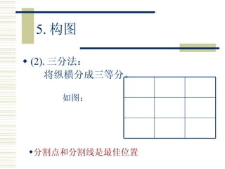 5. 构图 (2). 三分法： 将纵横分成三等分。 如图： 分割点和分割线是最佳位置 