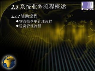 2.3 系统业务流程概述 2.3.2 辅助流程 物流指令单管理流程 送货管理流程 