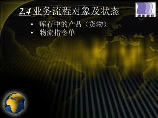 2.4 业务流程对象及状态 库存中的产品（货物） 物流指令单 