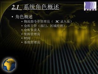 2.1  系统角色概述 角色概述 物流指令单管理员（  3C 录入员） 仓库主管（部门、区域经理） 仓库负责人 资料管理员 时间 系统管理员 