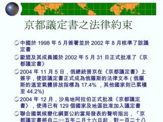 京都議定書之法律約束 中國於 1998 年 5 月簽署並於 2002 年 8 月核準了該議定書 歐盟及其成員國於 2002 年 5 月 31 日正式批准了《京都議定書》 2004 年 11 月 5 日，俄總統普京在《京都議定書》上簽字，使該議定書正式成為俄羅斯的法律文本 ( 俄羅斯的溫室氣體排放指標為 17.4% ，其他國家則已累積至 44.2%) 2004 年 12 月，沙烏地阿拉伯正式批准《京都議定書》，使得已有 129 個國家及地區批准加入議定書 聯合國氣候變化綱要公約當局發表的聲明指出，「京都議定書將自二○○五年二月十六日起，對一百二十八個簽署國具有法律拘束力。」 