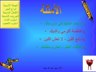 يا محمد اجتهد في دروسك  .  يا فاطمة أكرمي والديك  .  يا بائع اللبن ، لا تغش اللبن  .  يا طالب العلم ، احترم معلمك  .  الأمثلة 