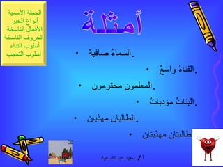 السماءُ صافيةٌ  .  الفناءُ واسعٌ  .  المعلمون محترمون  .  البناتُ مؤدباتٌ  .  الطالبان مهذبان  .  الطالبتان مهذبتان  .   أمثلة 