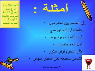 إن المصريين محترمون  . علمت أن الصدق منج  .  ليت الشباب يعود يوما  .  لعل الجو يتحسن  .  كأن النجوم لؤلؤ منثور  .  الشمس ساطعة لكن المطر منهمر  .  أمثلة : 
