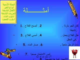 أمثــــــــــلة 1.  كان الجو باردًا  .  2.  أصبح الفلاح نشيطاً  .  3.  ظل الفلاح يعمل  .  4.  أمسى الفلاح في الحقل  .  5.  بات الرجل متعباً  .  6.  صار الماء ثلجاً  .  7.  ليس الامتحان صعباً  .  8.  أضحت الأشجار ثمارها ناضجة  .   