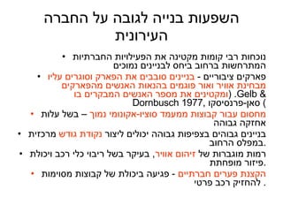 השפעות  בנייה לגובה על החברה העירונית נוכחות רבי קומות מקטינה את הפעילויות החברתיות המתרחשות ברחוב ביחס לבניינים נמוכים פארקים ציבוריים  -  בניינים סובבים את הפארק וסוגרים עליו מבחינת אוויר ואור פוגמים בהנאות האנשים מהפארקים ומקטינים את מספר האנשים המבקרים בו . ( Gelb & Dornbusch 1977 ,  סאן - פרנסיסקו )  מחסום עבור קבוצות ממעמד סוציו - אקונומי נמוך  – בשל עלות אחזקה גבוהה בניינים גבוהים בצפיפות גבוהה יכולים ליצור  נקודת גודש  מרכזית במפלס הרחוב . רמות מוגברות של  זיהום אוויר ,  בעיקר בשל ריבוי כלי רכב ויכולת פיזור מופחתת . הקצנת פערים חברתיים   -  פגיעה ביכולת של קבוצות מסוימות להחזיק רכב פרטי .  