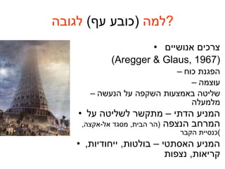 למה  (כובע עף)  לגובה ? צרכים אנושיים  ( Aregger & Glaus, 1967 ) הפגנת כוח עוצמה שליטה באמצעות השקפה על הנעשה מלמעלה המניע הדתי – מתקשר לשליטה על המרחב הנצפה  ( הר הבית ,  מסגד אל - אקצה ,  כנסיית הקבר ) המניע האסתטי – בולטות ,  ייחודיות ,  קריאות ,  נצפות 