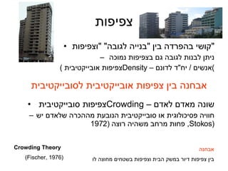 צפיפות קושי בהפרדה בין  " בנייה לגובה " " וצפיפות " ניתן לבנות לגובה גם בצפיפות נמוכה  ( צפיפות אובייקטיבית  Density  –  אנשים  /  יח " ד לדונם ) אבחנה בין צפיפות אובייקטיבית לסובייקטיבית צפיפות סובייקטיבית  Crowding  –  שונה מאדם לאדם חוויה פסיכולוגית או סובייקטיבית הנובעת מההכרה שלאדם יש פחות מרחב משהיה רוצה  (1972 Stokos,  ) אבחנה  בין צפיפות דיור במשק הבית וצפיפות בשטחים מחוצה לו Crowding Theory (Fischer, 1976) 