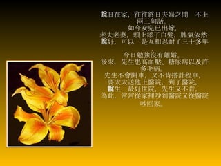 平日在家，往往終日夫婦之間說不上兩三句話。   如今女兒已出嫁， 老夫老妻，頭上添了白髮，脾氣依然   不好，可以說是互相忍耐了三十多年， 今日勉強沒有離婚。  後來，先生患高血壓、糖尿病以及許多毛病。   先生不會開車，又不肯搭計程車， 要太太送他上醫院，到了醫院， 醫生說最好住院，先生又不肯， 為此，常常從家裡吵到醫院 又從醫院吵回家。   