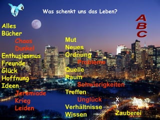 Alles Bücher Chaos Dunkel Enthusiasmus Freunde Glück Hoffnung Ideen Jeremiade Krieg Leiden Mut Neues Ordnung Probleme Quelle Raum Schwierigkeiten Treffen Unglück Verhältnisse Wissen X Y Zauberei Was schenkt uns das Leben? ABC 