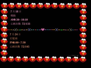 7 月 18 日 慢跑 AM9:30~10:10 心跳次數  72/133 7 月 24 日 打籃球 PM6:00~7:30 心跳次數  72/145 