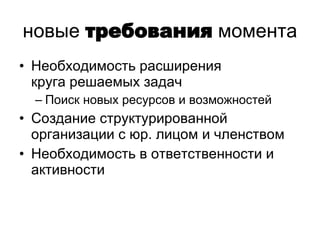 новые   требования   момента Необходимость расширения  круга решаемых задач Поиск новых ресурсов и возможностей Создание структурированной организации с юр. лицом и членством Необходимость в ответственности и активности требования 