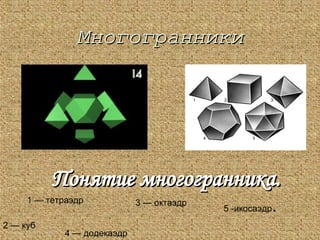 Многогранники ,[object Object],1 — тетраэдр  2 — куб  3 — октаэдр  4 — додекаэдр   5 -икосаэдр . 