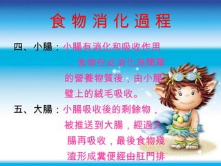 食 物 消 化 過 程 四 、 小腸 ： 小腸有消化和吸收作用 ，食物在此消化為簡單 的營養物質後，由小腸 璧上的絨毛吸收。 五、 大腸 ： 小腸吸收後的剩餘物 ， 被推送到大腸 ， 經過大 腸再吸收 ， 最後食物殘 渣形成糞便經由肛門排 出體外 。 