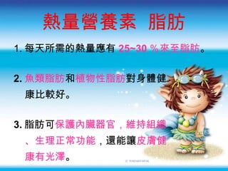 熱量營養素  脂肪 1. 每天所需的熱量應有 25~30 ％來至脂肪 。 2. 魚類脂肪 和 植物性脂肪 對身體健 康比較好。 3. 脂肪可 保護內臟器官，維持組織 、 生理正常功能 ，還能讓 皮膚健 康有光澤 。 