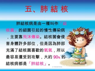 五、 肺 結 核  肺結核病是由一種叫作 「結 核菌」 的細菌引起的慢性傳染病 ，主要靠 飛沫傳染 。結核菌會侵 害身體許多部位，但是因為肺部 充滿了結核菌喜歡的 氧氣 ，所以 最容易遭受到攻擊，大約 90﹪ 的 結核病都是 「肺結核」 。 