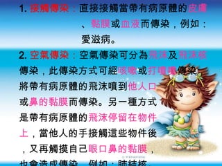 1. 接觸傳染： 直接接觸當帶有病原體的 皮膚   、 黏膜 或 血液 而傳染，例如： 愛滋病。 2. 空氣傳染： 空氣傳染可分為 飛沫 及 飛沫核 傳染，此傳染方式可經 咳嗽 或 打噴嚏 傳染， 將帶有病原體的飛沫噴到 他人口 或 鼻的黏膜 而傳染。另一種方式 是帶有病原體的 飛沫停留在物件 上 ，當他人的手接觸這些物件後 ，又再觸摸自己 眼口鼻的黏膜 ， 也會造成傳染，例如：肺結核。 
