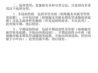 　　二、病理类型：乳腺癌有多种分型方法，目前国内多采用以下病理分型。 　　１ . 非浸润性癌　包括导管内癌（癌细胞未突破导管壁基底膜）、小叶原位癌（癌细胞未突破末稍乳管或腺泡基底膜）及乳头湿疹样乳腺癌（伴发浸润性癌者，不在此列）。此型属早期，预后较好。 　　２。早期浸润性癌　包括早期浸润性导管癌（癌细胞突破管壁基底膜，开始向间质浸润）、早期浸润性小叶癌（癌细胞突破末稍乳管或腺泡基底膜，开始向间质浸润，但仍局限于小叶内），此型仍属早期，预后较好。 　　　　 