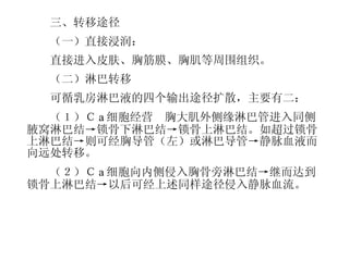 　　三、转移途径 　　（一）直接浸润： 　　直接进入皮肤、胸筋膜、胸肌等周围组织。 　　（二）淋巴转移 　　可循乳房淋巴液的四个输出途径扩散，主要有二： 　　（１）Ｃ a 细胞经营　胸大肌外侧缘淋巴管进入同侧腋窝淋巴结->锁骨下淋巴结->锁骨上淋巴结。如超过锁骨上淋巴结->则可经胸导管（左）或淋巴导管->静脉血液而向远处转移。 　　（２）Ｃ a 细胞向内侧侵入胸骨旁淋巴结->继而达到锁骨上淋巴结->以后可经上述同样途径侵入静脉血流。 