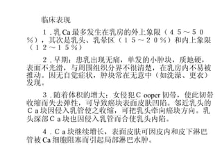 　　临床表现 　　１ . 乳 Ca 最多发生在乳房的外上象限（４５～５０％），其次是乳头、乳晕区（１５～２０％）和内上象限（１２～１５％） 　　２ . 早期：患乳出现无痛，单发的小肿块，质地硬，表面不光滑，与周围组织分界不很清楚，在乳房内不易被推动。因无自觉症状，肿块常在无意中（如洗澡、更衣）发现。 　　３ . 随着体积的增大：女侵犯Ｃ ooper 韧带，使此韧带收缩而失去弹性，可导致癌块表面皮肤凹陷。邻近乳头的Ｃ a 块因侵入乳管使之收缩，可把乳头牵向癌块方向。乳头深部Ｃ a 块也因侵入乳管而合使乳头内陷。 　　４ . Ｃ a 块继续增长，表面皮肤可因皮内和皮下淋巴管被 Ca 细胞阻塞而引起局部淋巴水肿。 