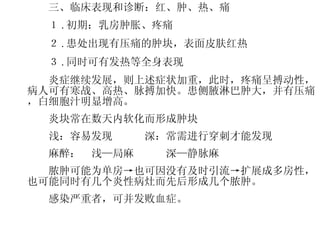　　 三、临床表现和诊断：红、肿、热、痛 　　１ . 初期：乳房肿胀、疼痛 　　２ . 患处出现有压痛的肿块，表面皮肤红热 　　３ . 同时可有发热等全身表现 　　炎症继续发展，则上述症状加重，此时，疼痛呈搏动性，病人可有寒战、高热、脉搏加快。患侧腋淋巴肿大，并有压痛，白细胞汁明显增高。 　　炎块常在数天内软化而形成肿块 　　浅：容易发现　　　深：常需进行穿刺才能发现 　　麻醉：　浅—局麻　　　深—静脉麻 　　脓肿可能为单房->也可因没有及时引流->扩展成多房性，也可能同时有几个炎性病灶而先后形成几个脓肿。 　　感染严重者，可并发败血症。 