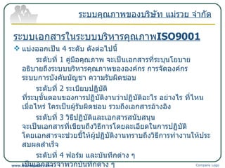 ระบบเอกสารในระบบบริหารคุณภาพ ISO9001 แบ่งออกเป็น  4  ระดับ ดังต่อไปนี้ ระดับที่  1  คู่มือคุณภาพ จะเป็นเอกสารที่ระบุนโยบาย อธิบายถึงระบบบริหารคุณภาพขององค์กร การจัดองค์กร ระบบการบังคับบัญชา ความรับผิดชอบ ระดับที่  2  ระเบียบปฏิบัติ ที่ระบุขั้นตอนของการปฏิบัติงานว่าปฏิบัติอะไร อย่างไร ที่ไหน เมื่อไหร่ ใครเป็นผู้รับผิดชอบ รวมถึงเอกสารอ้างอิง ระดับที่  3  วิธีปฏิบัติและเอกสารสนับสนุน จะเป็นเอกสารที่เขียนถึงวิธีการโดยละเอียดในการปฏิบัติ โดยเอกสารจะช่วยชี้ให้ผู้ปฏิบัติงานทราบถึงวิธีการทำงานให้ประสบผลสำเร็จ ระดับที่  4  ฟอร์ม และบันทึกต่าง ๆ เป็นเอกสารจำพวกบันทึกต่าง ๆ ผลของการตรวจสอบและฟอร์มต่าง ๆ รวมทั้งข้อมูลที่อยู่ในคอมพิวเตอร์ ระบบคุณภาพของบริษัท แม่รวย จำกัด Company Logo www.themegallery.com 