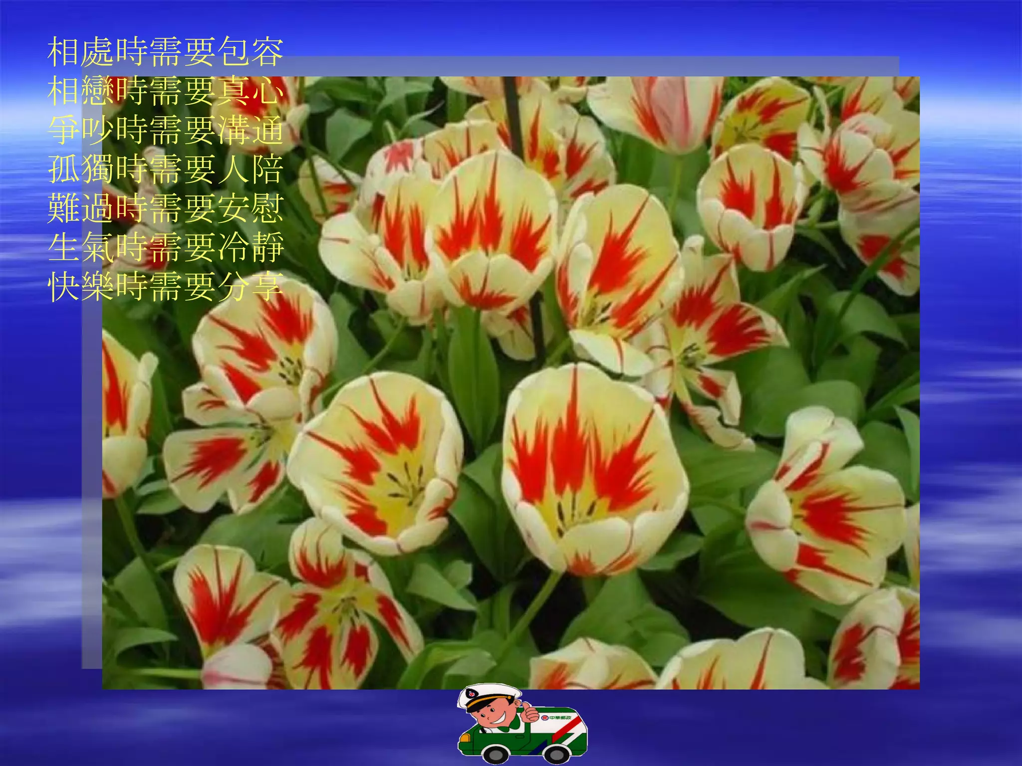 相處時需要包容 相戀時需要真心 爭吵時需要溝通 孤獨時需要人陪 難過時需要安慰 生氣時需要冷靜 快樂時需要分享   