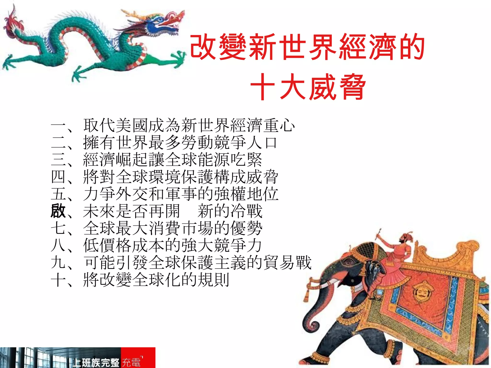 改變新世界經濟的 十大威脅 一、取代美國成為新世界經濟重心 二、擁有世界最多勞動競爭人口 三、經濟崛起讓全球能源吃緊 四、將對全球環境保護構成威脅 五、力爭外交和軍事的強權地位 六、未來是否再開啟新的冷戰 七、全球最大消費市場的優勢 八、低價格成本的強大競爭力 九、可能引發全球保護主義的貿易戰 十、將改變全球化的規則 