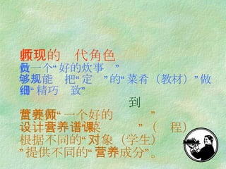 教师的现代角色 做一个“好的炊事员” ——能够把“规定”的“菜肴（教材）”做得“精巧细致”    到 更要做“一个好的营养师” ——会设计“营养菜谱”（课程），根据不同的“对象（学生） ”提供不同的“营养成分”。 