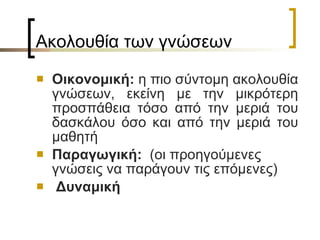 Ακολουθία των γνώσεων Οικονομική:  η πιο σύντομη ακολουθία γνώσεων, εκείνη με την μικρότερη προσπάθεια τόσο από την μεριά του δασκάλου όσο και από την μεριά του μαθητή Παραγωγική:  (οι προηγούμενες γνώσεις να παράγουν τις επόμενες) Δυναμική 