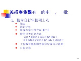 三、与我校有关的申报、审批步骤 校内自行审批硕士点 填表 通讯评议 组成专家小组评议【注】 校学位委员会表决 表决人数须达全体委员 2/3 或以上 获全体校学位委员会 2/3 或以上同意通过 上报教育部和国务院学位委员会备案 自行公布 