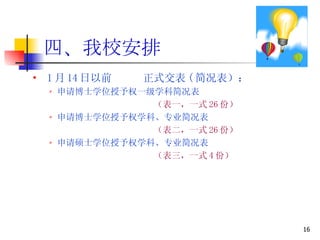 四、我校安排 1 月 14 日以前  正式交表 ( 简况表）： 申请博士学位授予权一级学科简况表 （表一，一式 26 份） 申请博士学位授予权学科、专业简况表 （表二，一式 26 份） 申请硕士学位授予权学科、专业简况表 （表三，一式 4 份） 