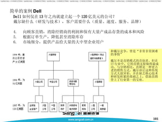 简单的案例 Dell Dell 如何仅在 13 年之内就建立起一个 120 亿美元的公司？ 戴尔缺什么（研发与技术），客户需要什么（质量、速度、服务、品牌） 向顾客直销，消除经销商的利润和保有大量产成品存货的成本和风险 根据订单生产，降低甚至消除库存 市场细分，提供产品给大量的大中型企业用户 和戴尔竞争，曾是“非常非常困难的事情”   戴尔不是直销模式的首创者，但在 IT 行业中，它的直销无疑做得最成功。与分销相比，直销是一种更古老的销售方式，戴尔却让这种传统方式大放异彩，并在缺乏核心技术和研发积累的基础之上，借助直销登上了行业第一的宝座。  