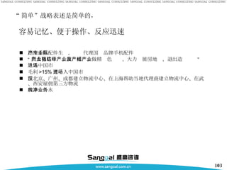 “ 简单”战略表述是简单的， 退出手机配件生产，专业代理国际品牌手机配件 “ 做大棉花产业、做强棉纺、做精绿色产业、大力发展房地产、退出造纸产业” 进入中国市场 毛利 >15% 可进入中国市场 在北京、广州、成都建立物流中心、在上海帮助当地代理商建立物流中心、在武汉、西安雇佣第三方物流 放弃纯净水业务 容易记忆、便于操作、反应迅速 