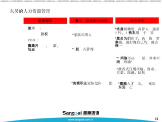 东吴的人力资源管理 经营团队 人力资源策略与困境 典型事例 “ 内事不决问张昭，外事不决问周瑜” 推荐式任用周瑜、鲁肃、吕蒙、陆逊、陆抗 董事长： 孙权 CEO ： 周瑜、鲁肃、吕蒙、陆逊 家族式用人 授权式管理 终身制聘用，高管人员通常 2 代、 3 代人服务于东吴  高层人员死了，也为他们穿素服，就好像自己的亲戚去世一样  没有实现家族化向职业化  后期人才匮乏，陆死后东吴灭亡  