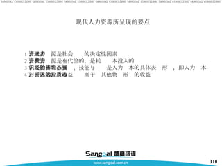 现代人力资源所呈现的要点 1 、人力资源是社会进步的决定性因素 2 、人力资源是有代价的，是耗费资本投入的 3 、人的体力、知识、技能与经验是人力资本的具体表现形态，即人力资本 4 、对人的投资收益远远高于对其他物质形态的收益 